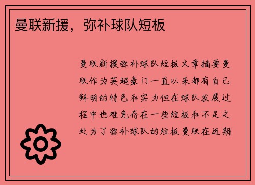 曼联新援，弥补球队短板
